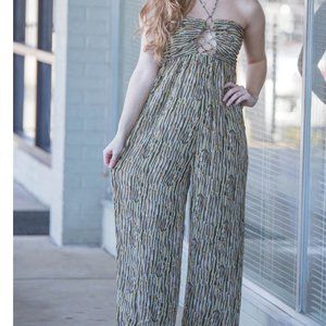 Lush Olive Mustard Vertical Stripes Halter Neck Jumpsuit Large
